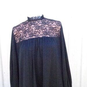 Vintage Black Flesh Lace Silky Dress High Neck